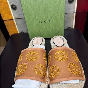 Gucci Tan and Gold Espadrille Slides